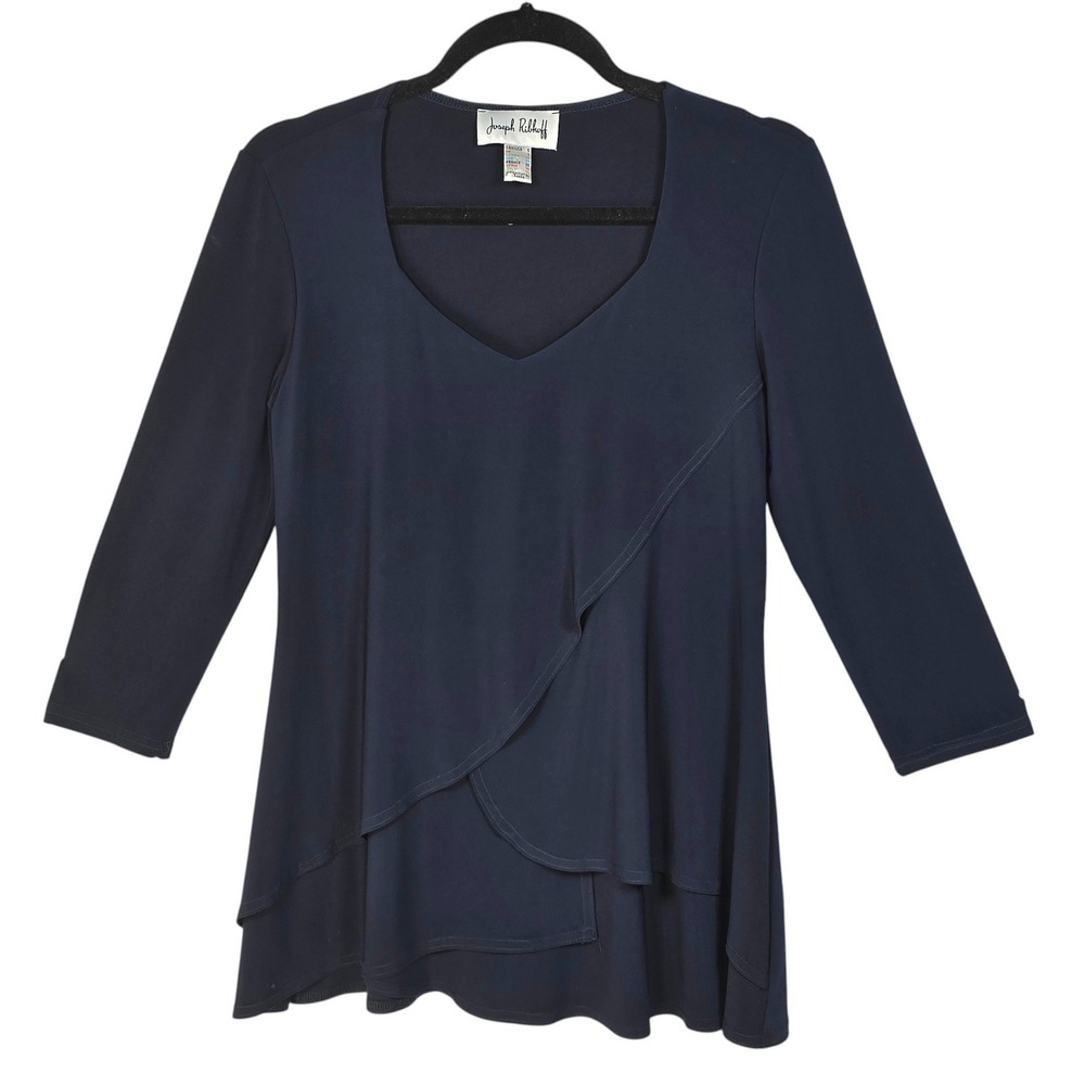 Joseph Ribkoff Navy Blue Layered Tulip Hem Tunic Top 3/4 Sleeve Womens Size 6